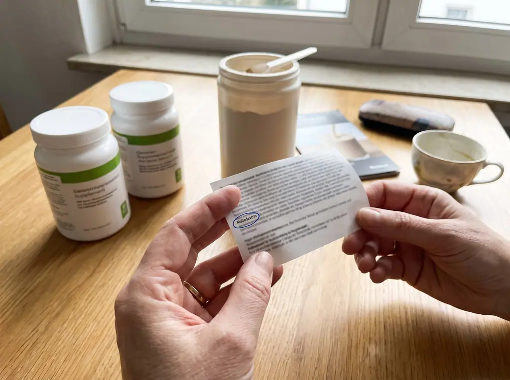 Zutatenliste eines Diät-Shakes mit hervorgehobenem Maltodextrin