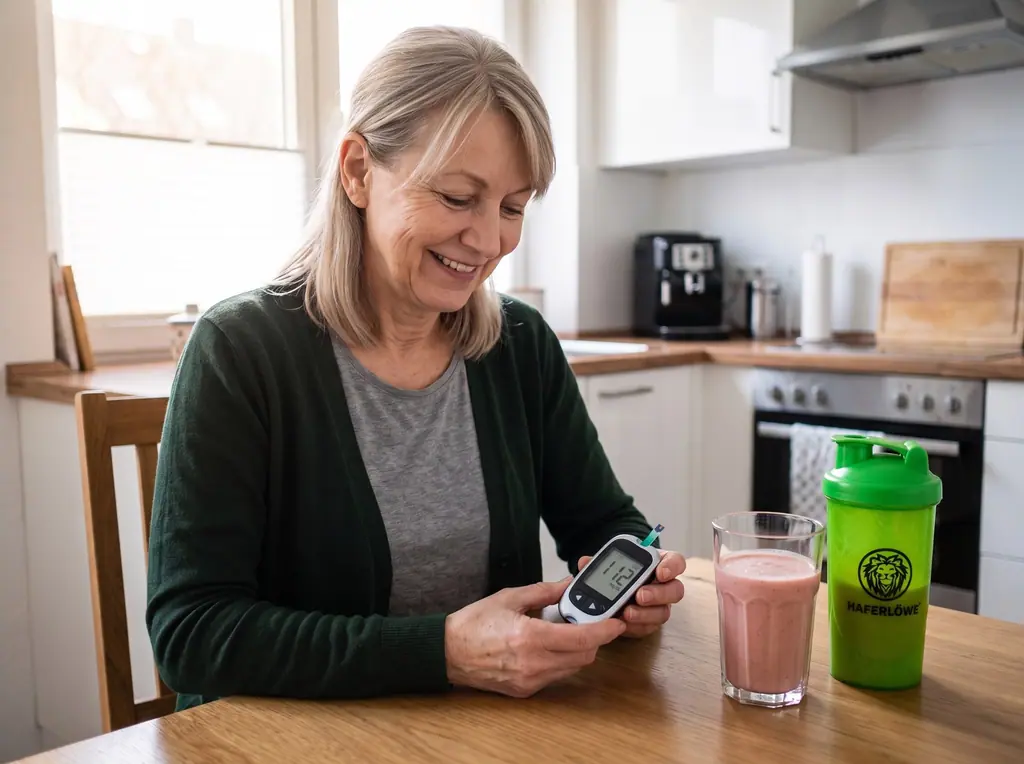 Monika lächelt am Frühstückstisch mit Shake und Blutzucker-Messgerät