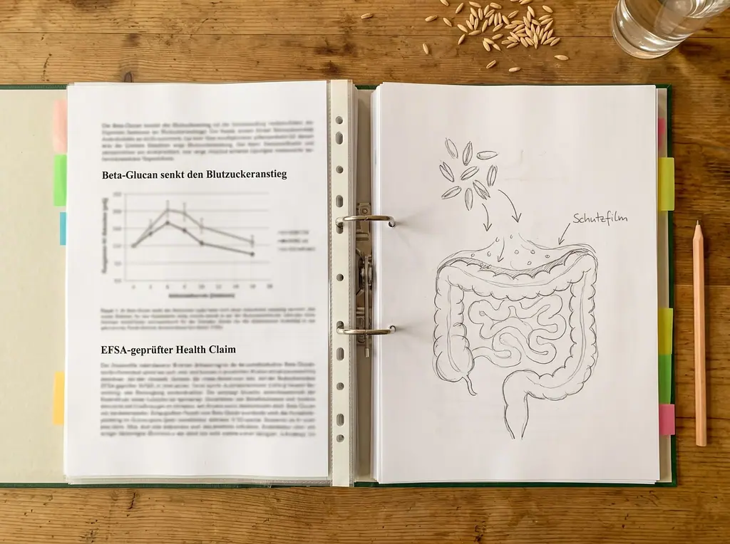Aufgeschlagener Studien-Ordner mit Beta-Glucan-Grafik, EFSA-Health-Claim und Skizze des Schutzfilms im Darm