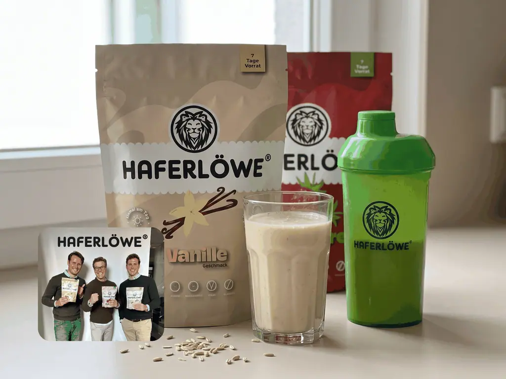 HAFERLÖWE DIA2®-Produkt im Arrangement mit Shake, Verpackung und Shaker
