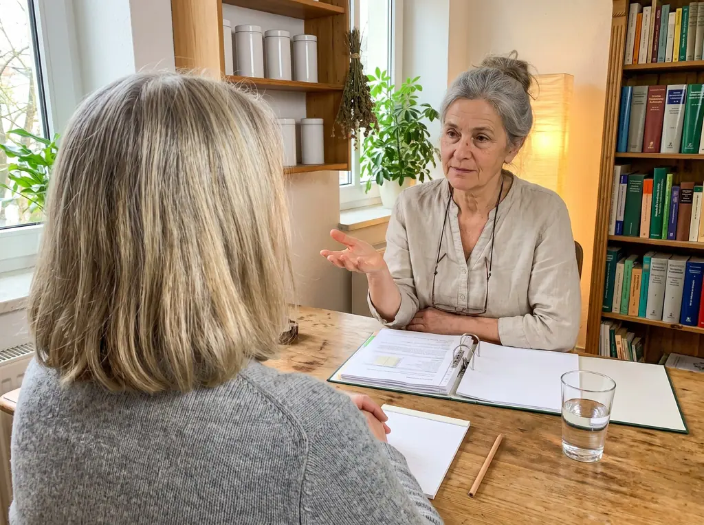 Beratungsgespräch mit Heilpraktikerin in ruhigem Sprechzimmer